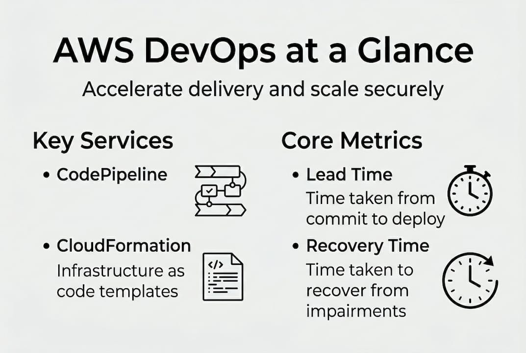 Infographic with AWS DevOps services and metrics
