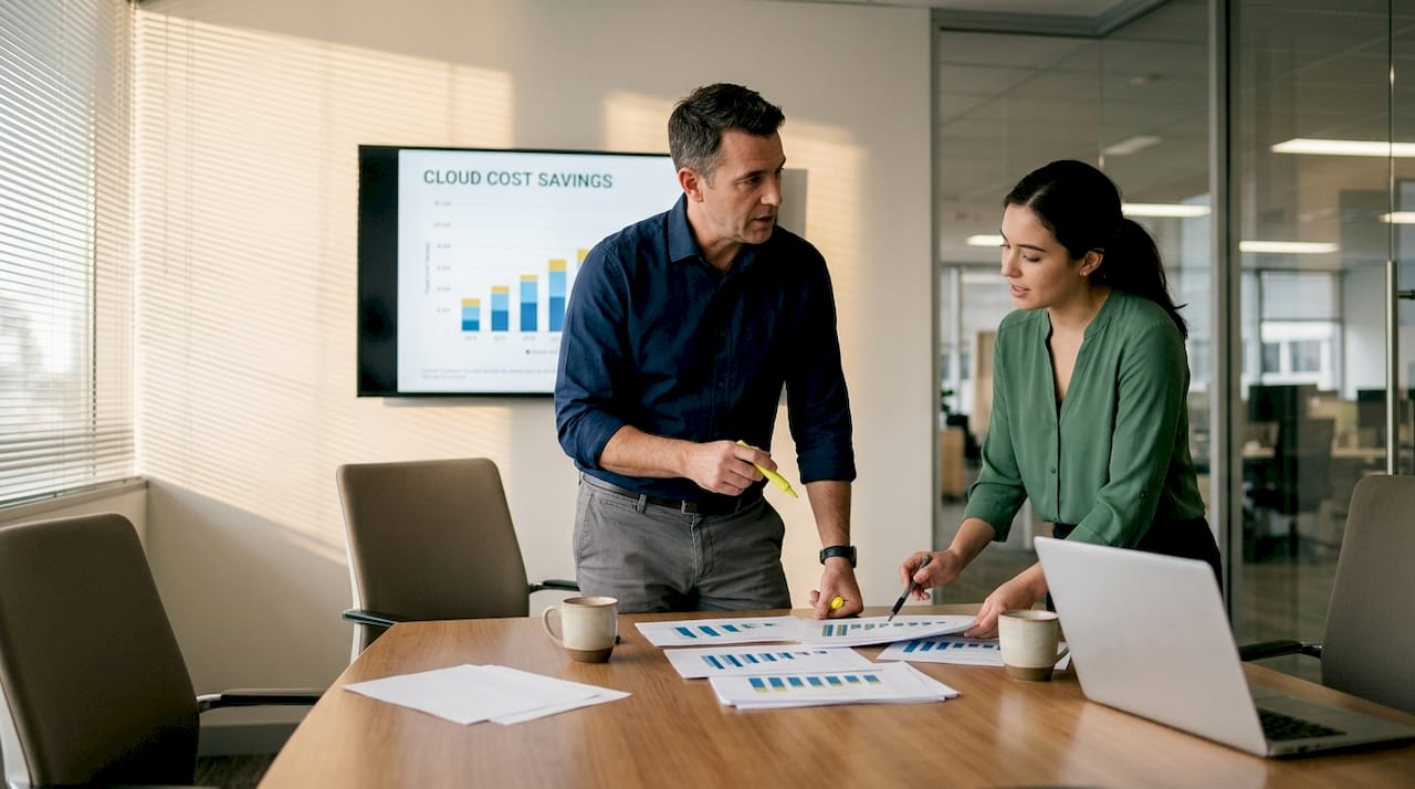 IT manager reviewing cloud savings charts