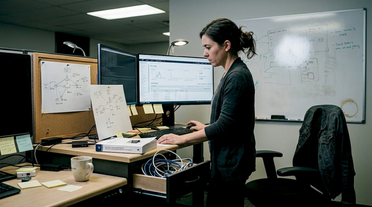 Systems administrator reviews network planning workspace