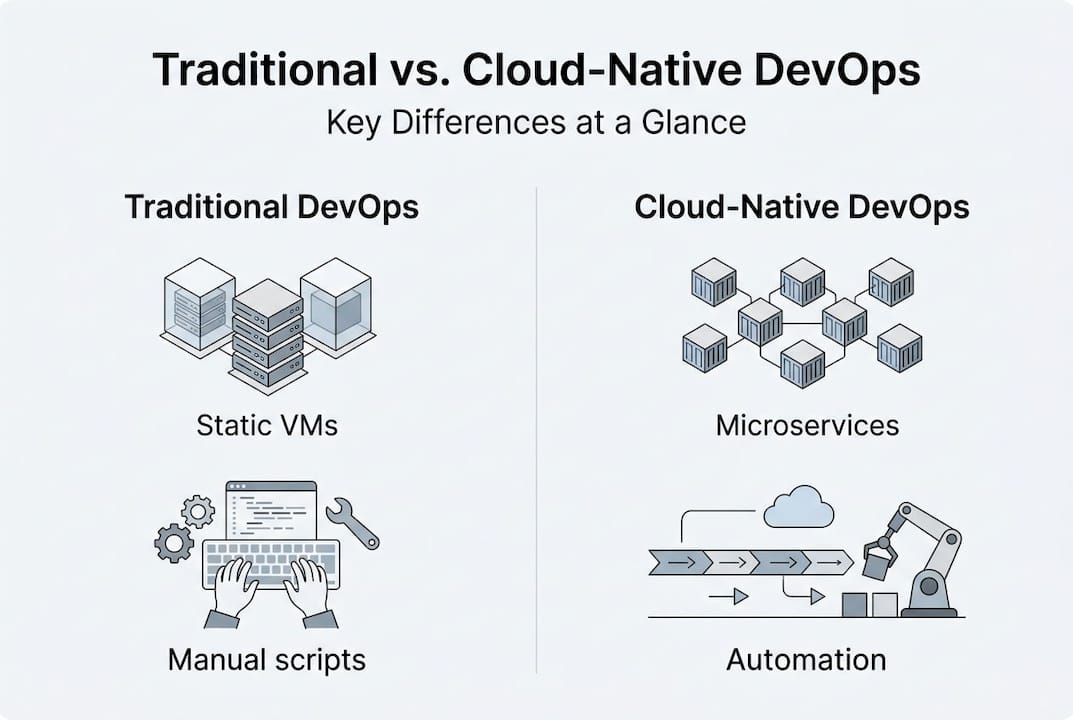 Infographic contrasting traditional and cloud-native DevOps
