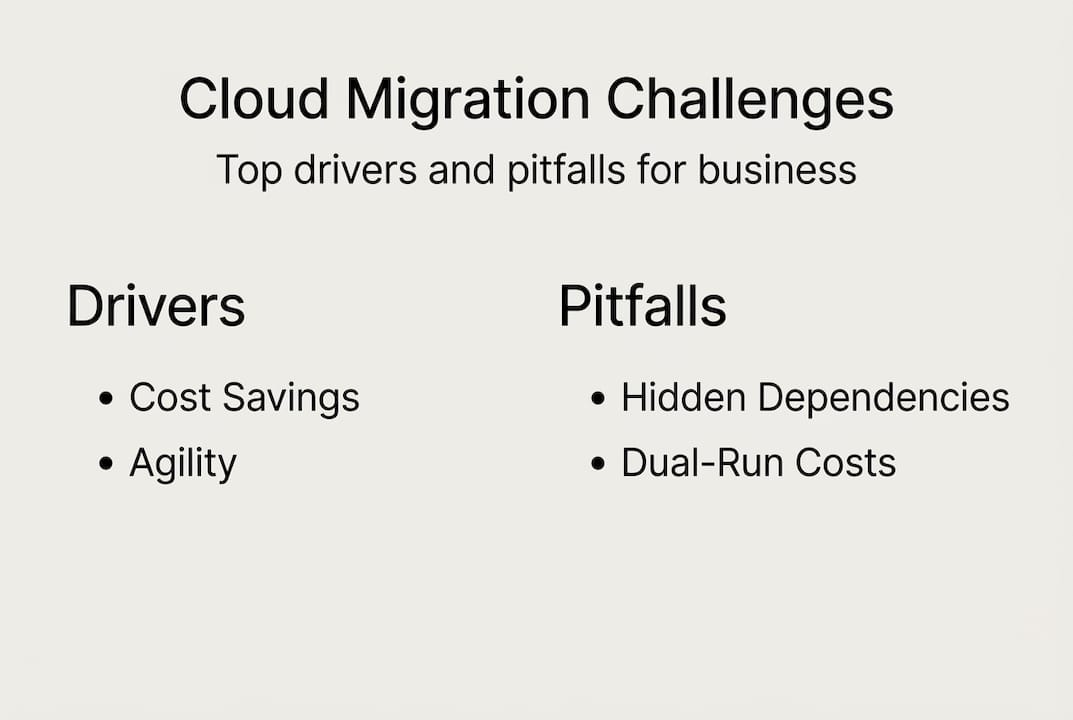 Infographic summarizing drivers and pitfalls of cloud migration