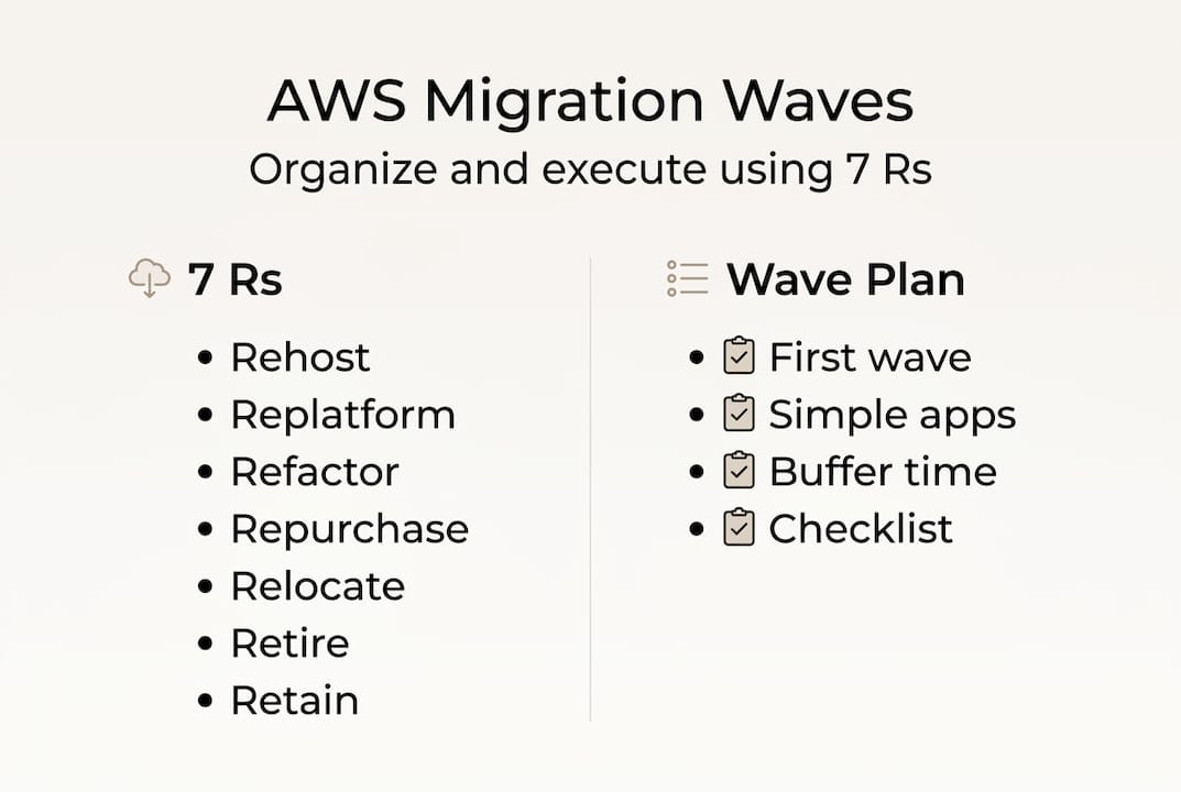 Infographic showing AWS migration waves and 7 Rs