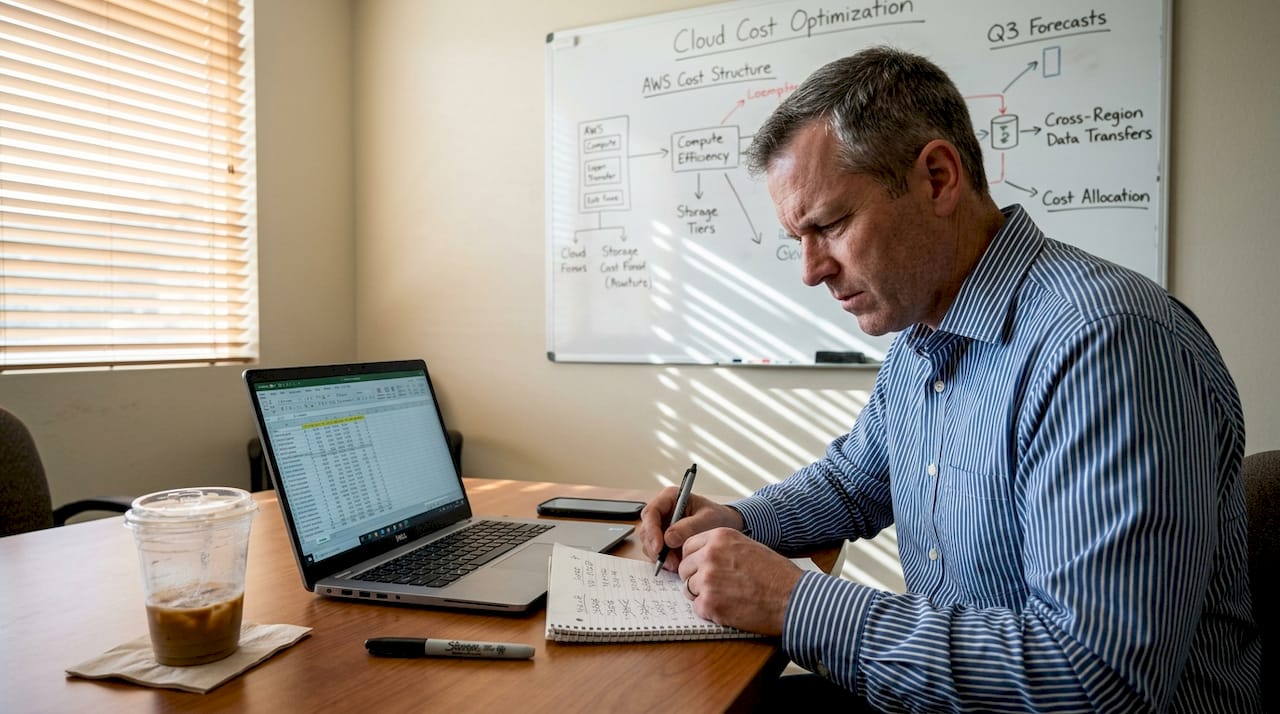 Financial analyst reviewing cloud cost spreadsheet