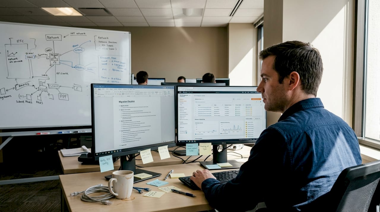 IT professional reviews AWS migration at cluttered office desk