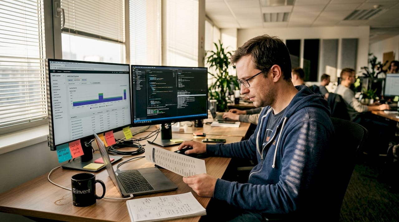 Engineer reviews AWS dashboard and papers