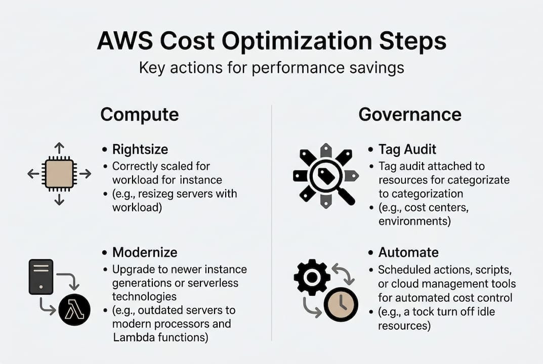 Infographic showing AWS optimization steps and actions