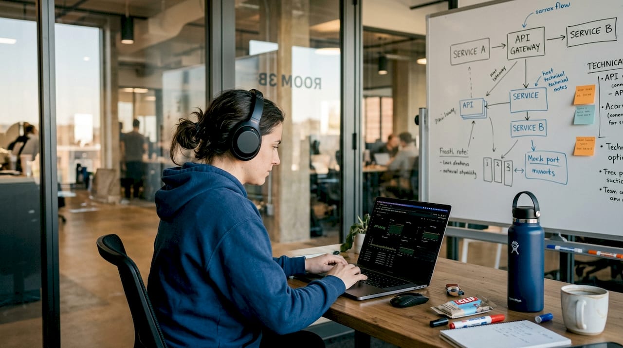 Engineer at laptop reviewing AWS Lambda dashboard