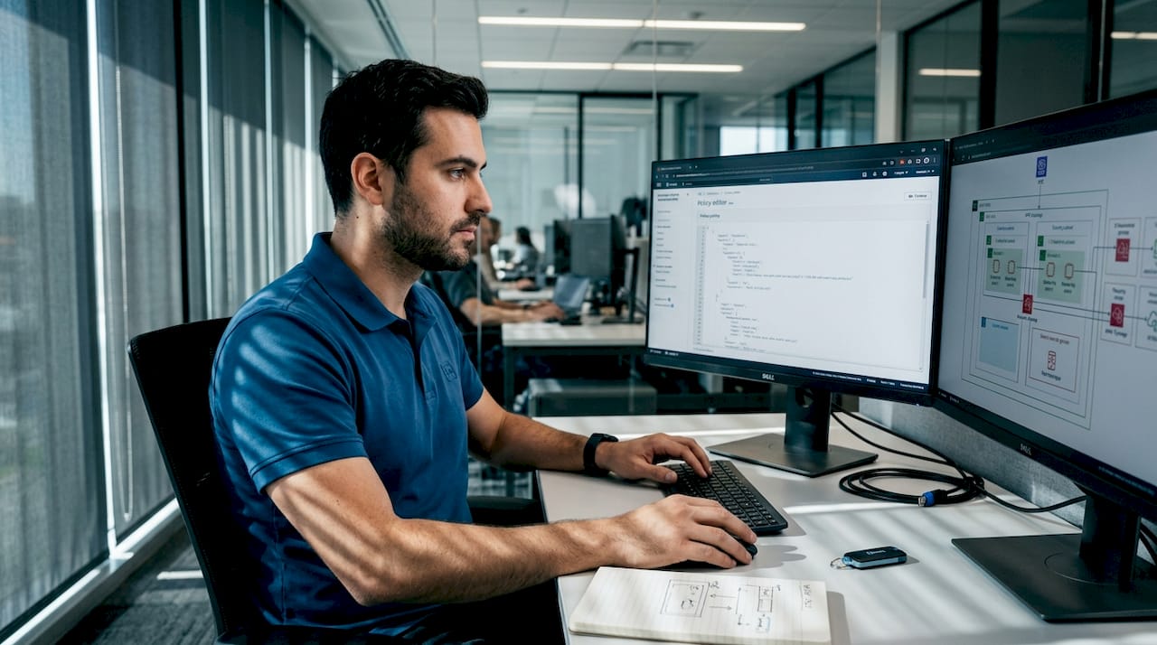 Cloud engineer at desk configuring AWS security
