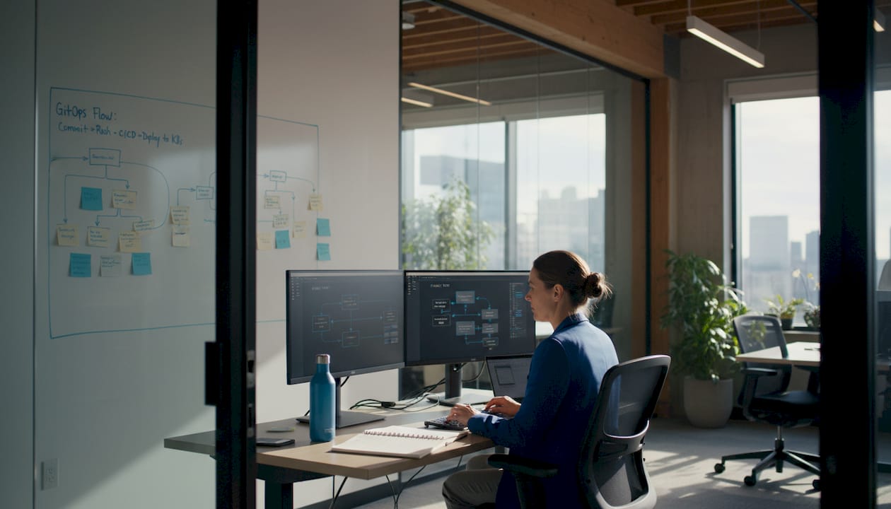 Engineer working on AWS diagrams in office