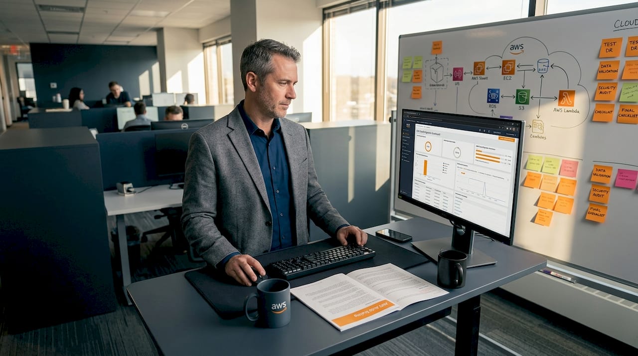 IT manager reviewing AWS scaling dashboard