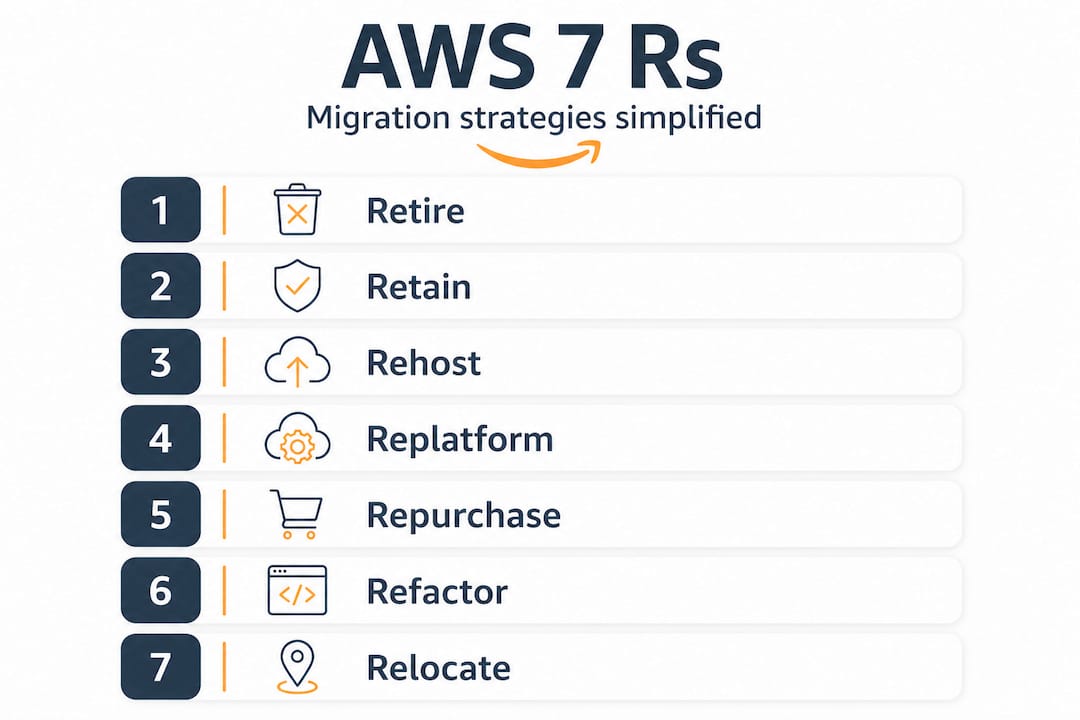 Infographic outlining AWS 7 Rs migration strategies