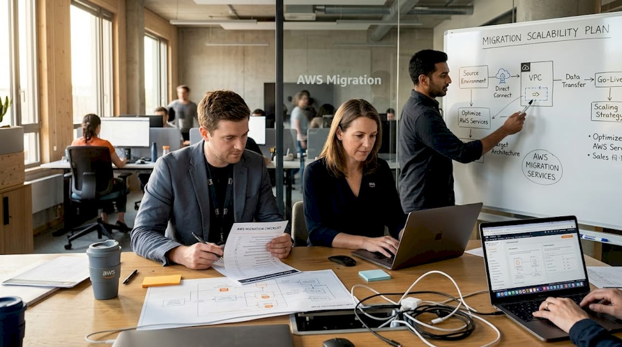 Team reviewing AWS migration checklist together