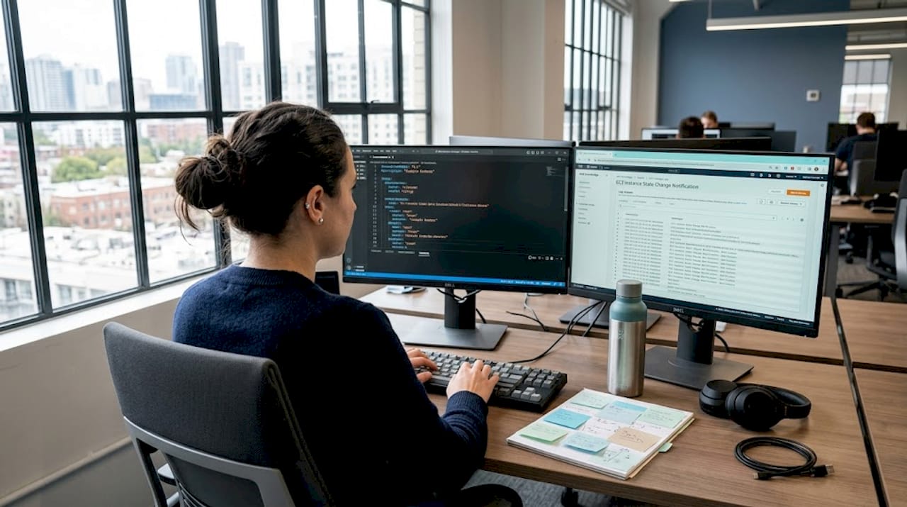 Engineer at desk reviewing AWS automation runbook