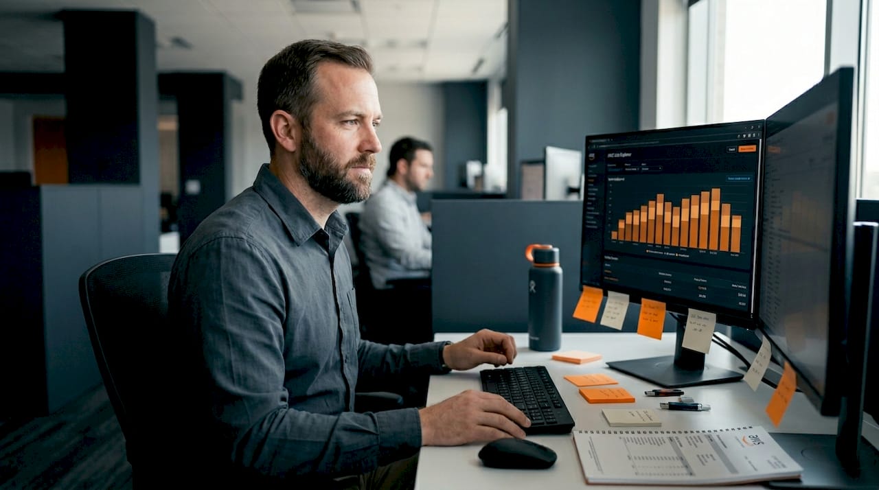 IT manager reviewing AWS cost dashboard in office