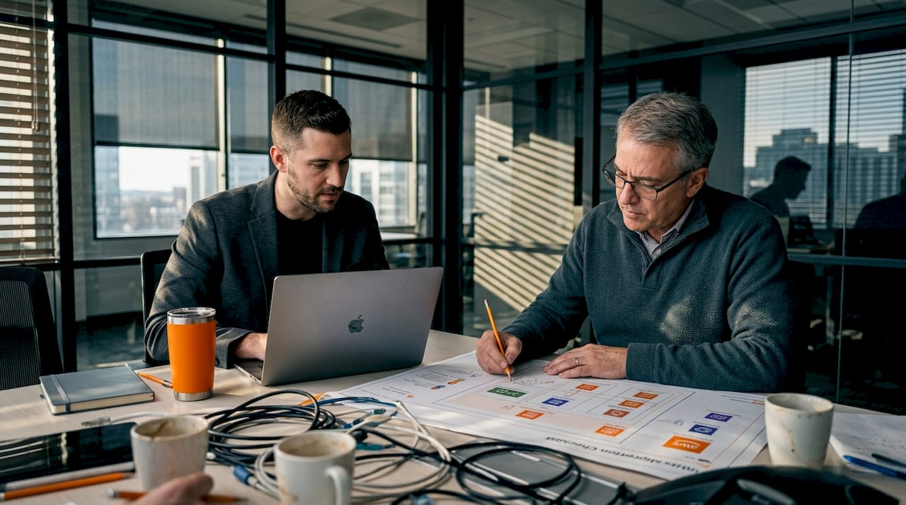 IT colleagues collaborating over AWS migration documents