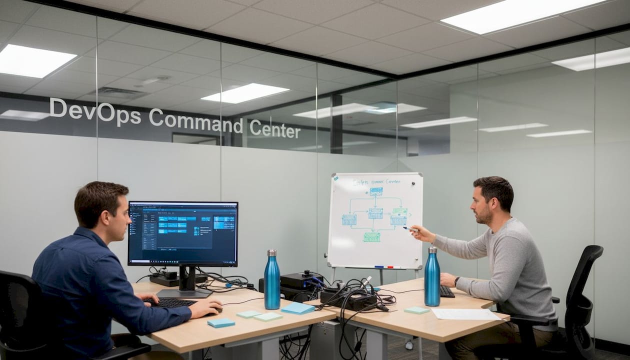 Engineers managing containers in DevOps workspace