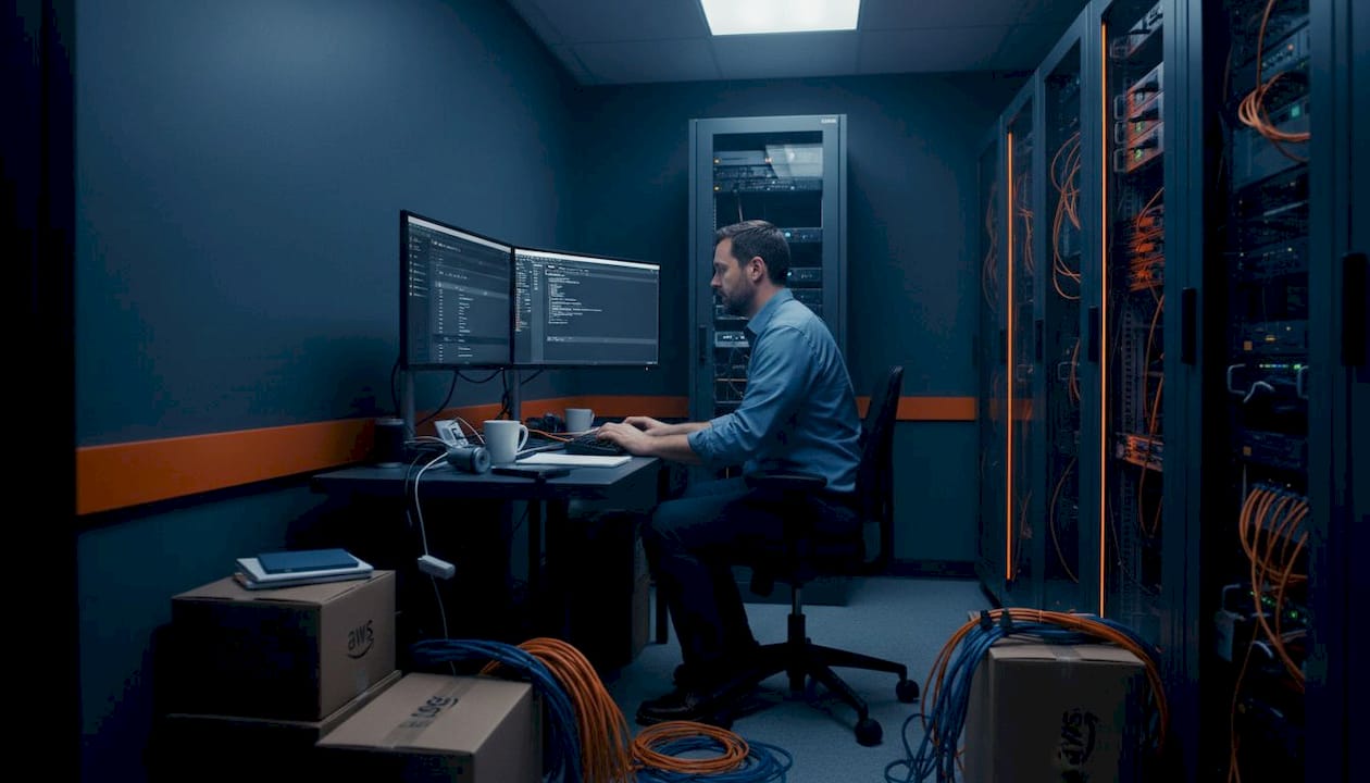 Engineer configures AWS EC2 on dual monitors