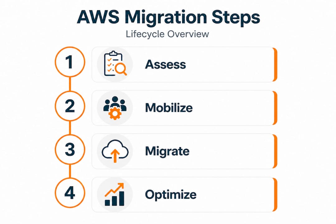 Vertical AWS migration lifecycle steps infographic