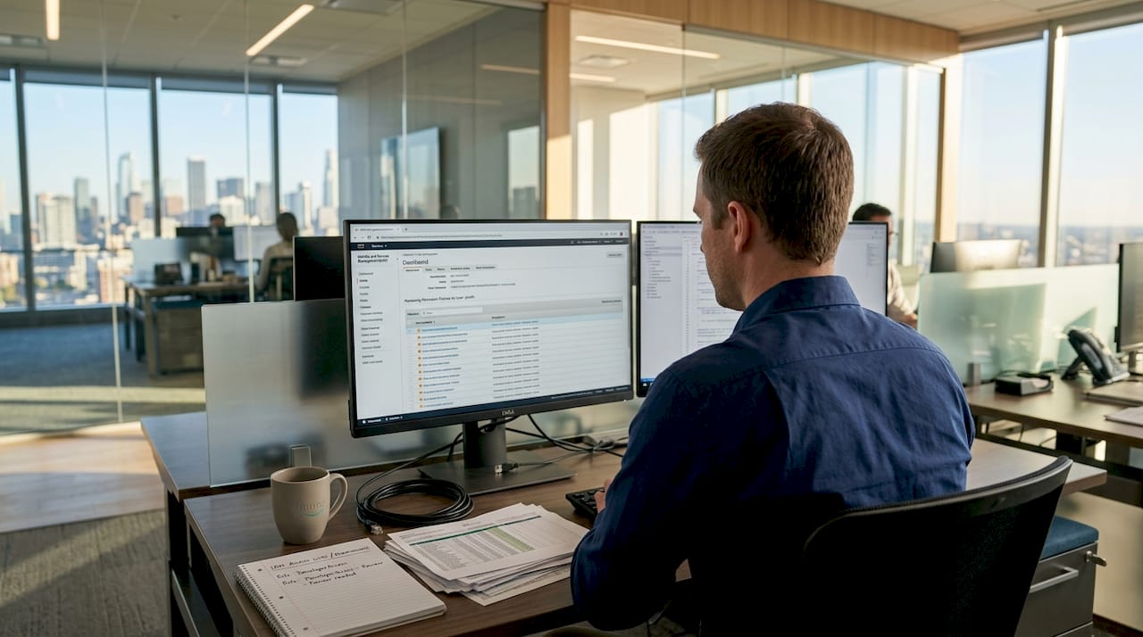 Engineer reviewing AWS IAM roles in a bright office