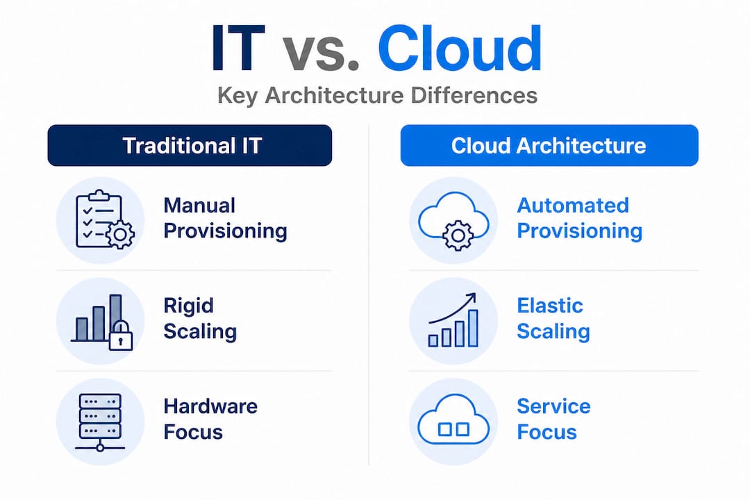 Infographic comparing traditional IT and cloud architecture