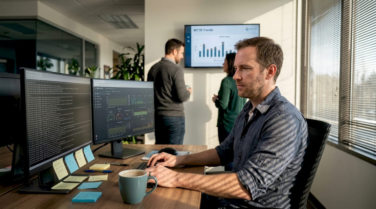 Engineer checking monitoring dashboard after incident
