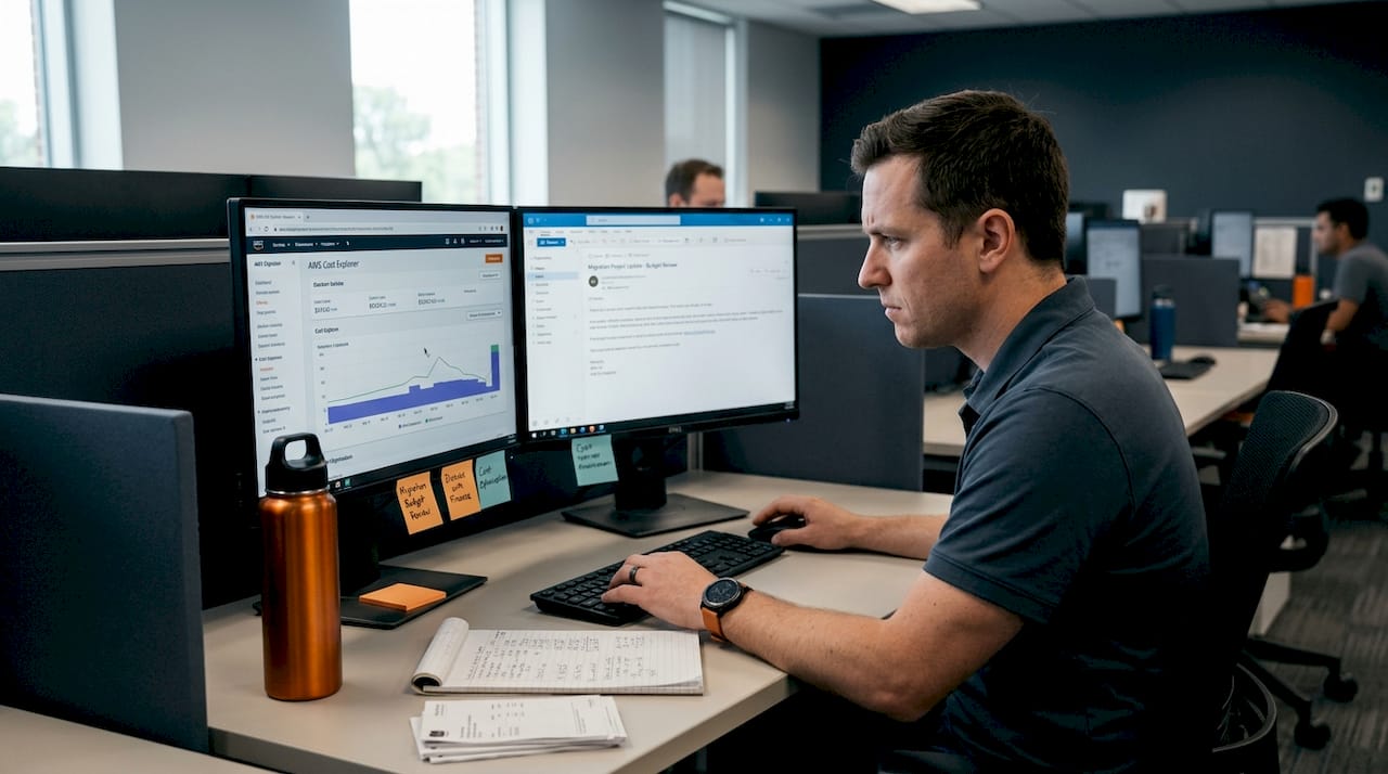 Engineer reviewing AWS cloud costs at computer