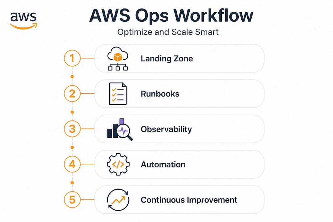 Infographic showing steps for AWS cloud operations