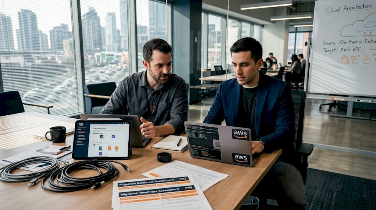 IT professionals preparing cloud migration at office table