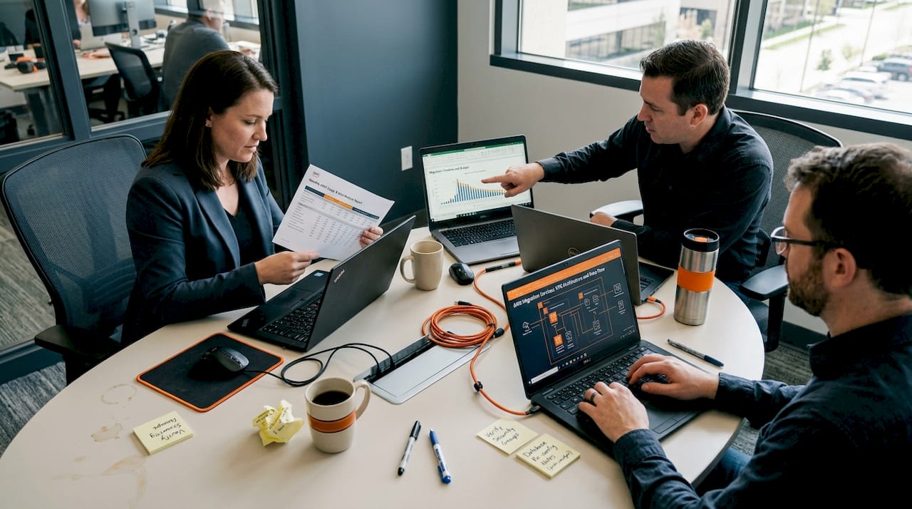 Team reviewing cloud migration costs in sunlit office