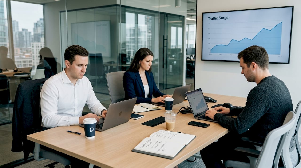 Team working in office reviewing scaling graph