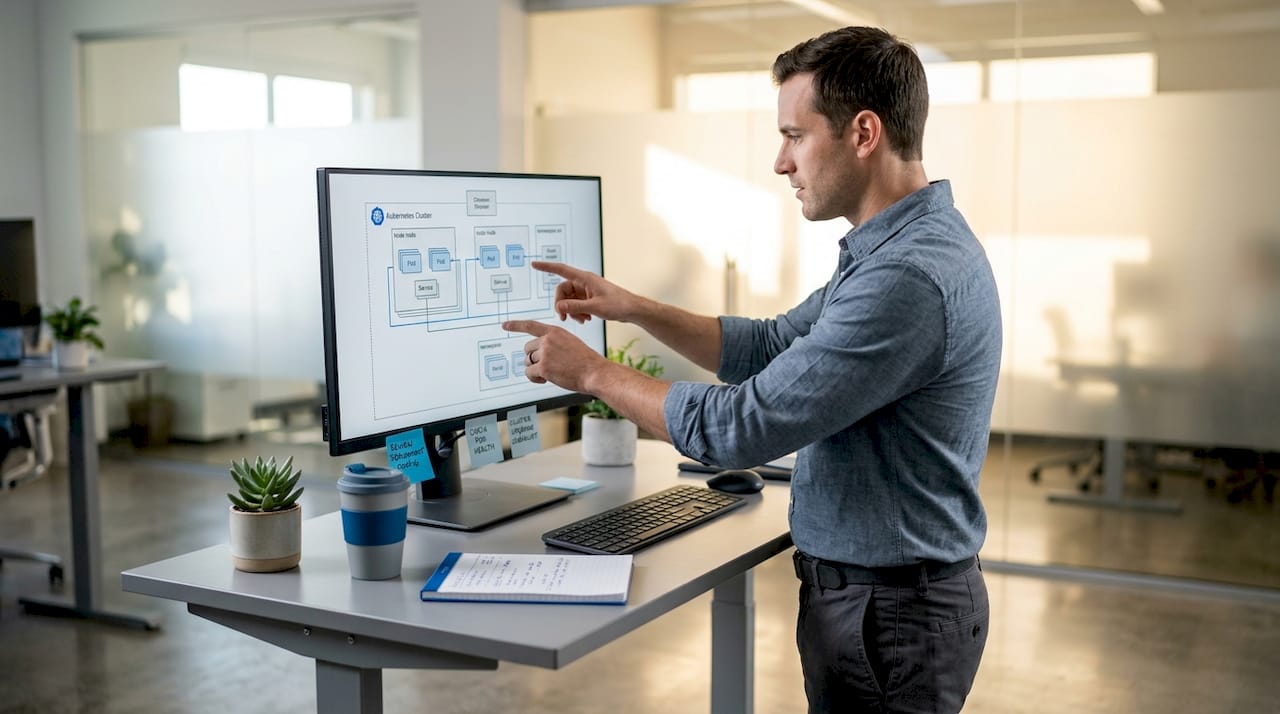 Engineer reviewing Kubernetes diagram at standing desk