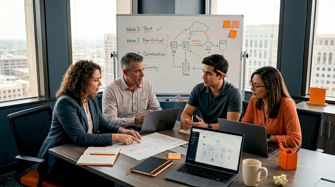 Team reviews AWS migration roadmap in meeting room