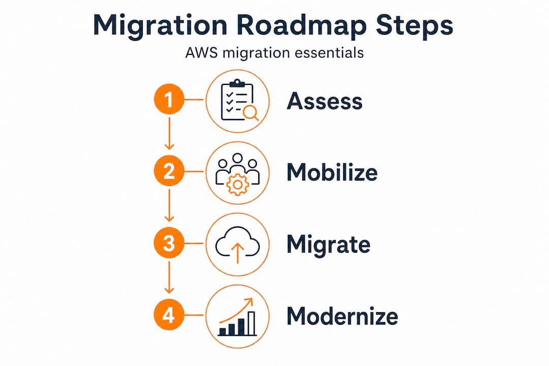 Vertical infographic showing AWS migration roadmap steps
