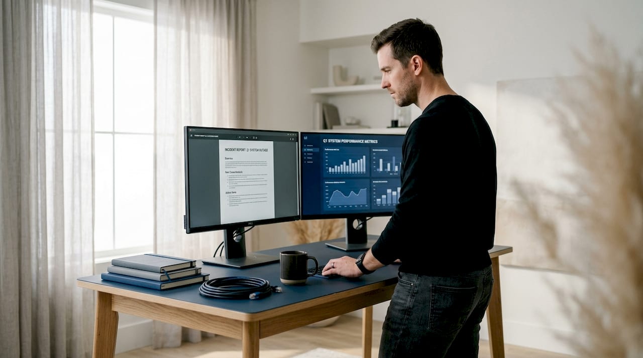 Engineer reviewing AWS incident report with dashboard