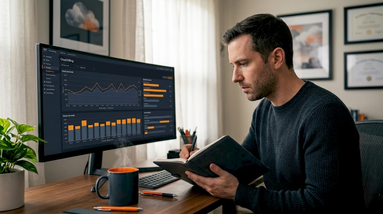 Cloud architect reviewing AWS cost dashboard in office