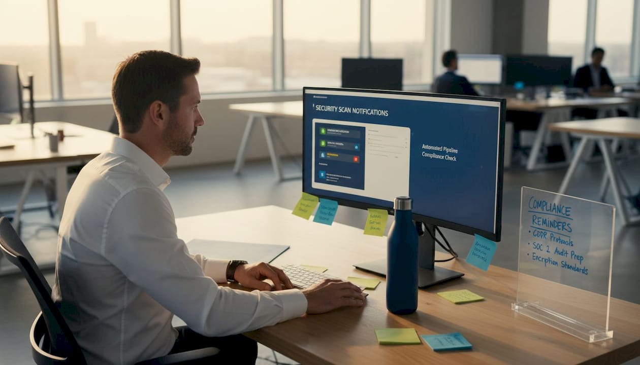Engineer reviews CI/CD pipeline compliance dashboard