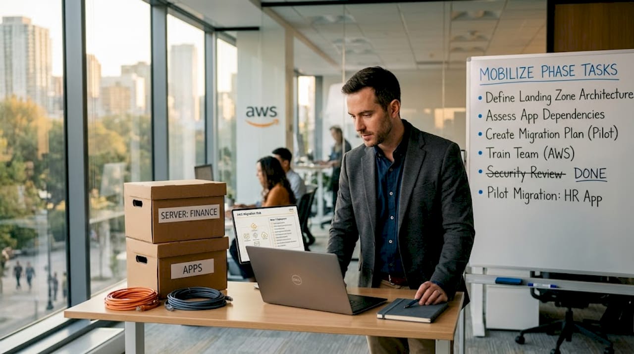 IT manager reviewing migration documentation in server room