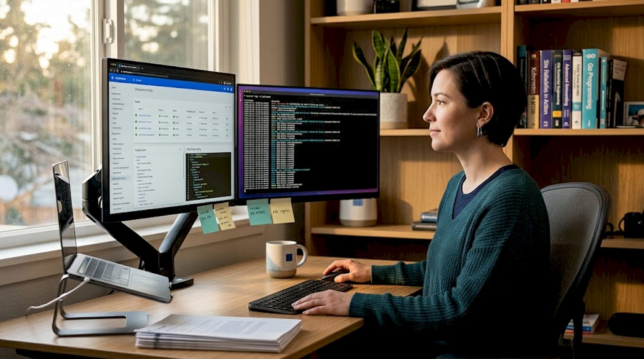 Engineer manages Kubernetes on computer monitors