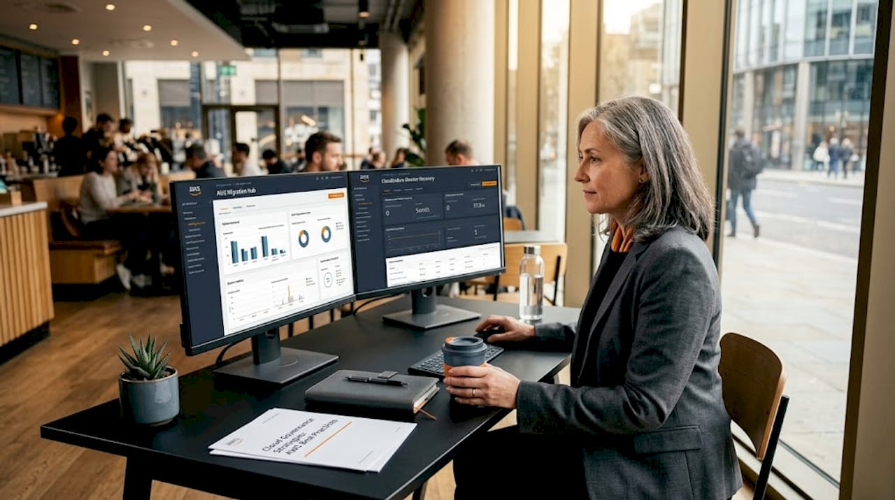 IT manager monitors AWS dashboards in team room