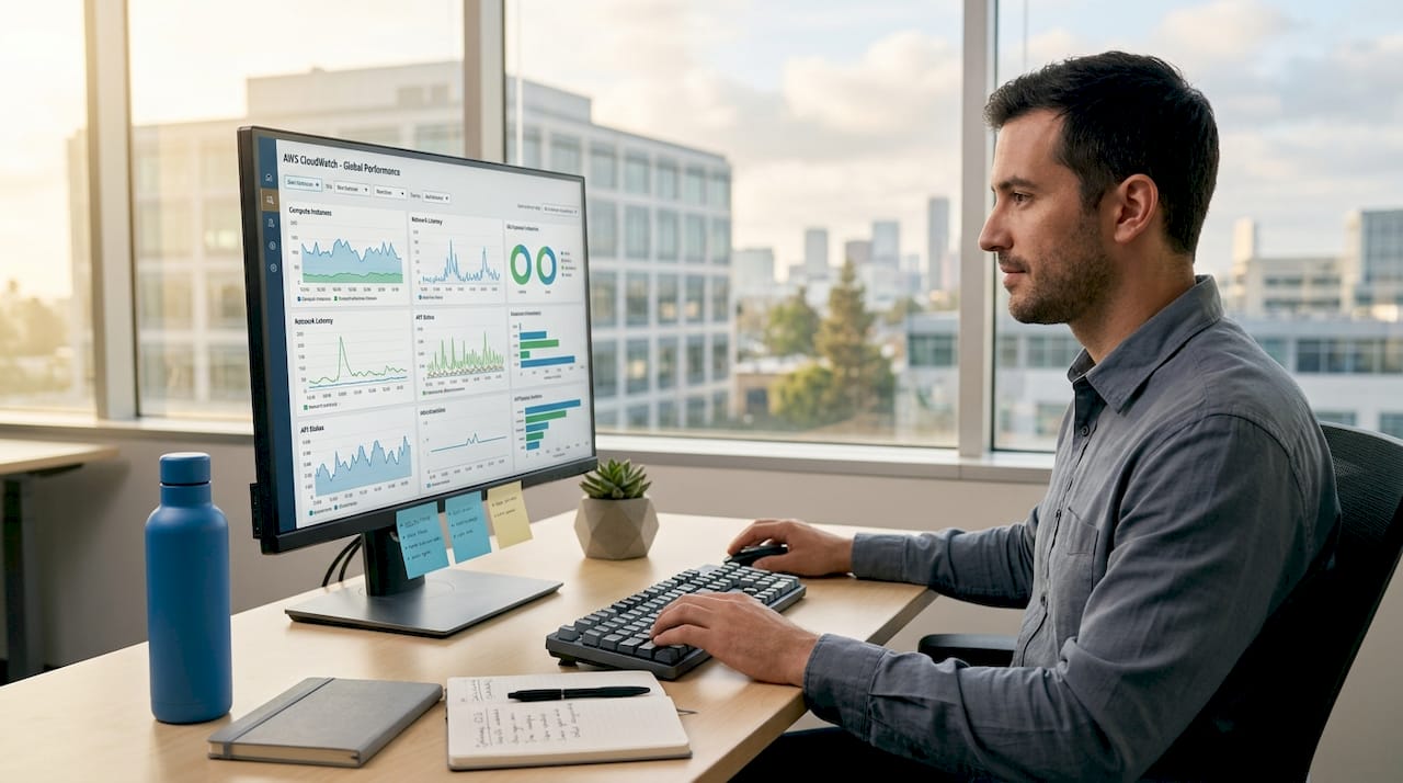 Engineer reviews cloud dashboard in corner office