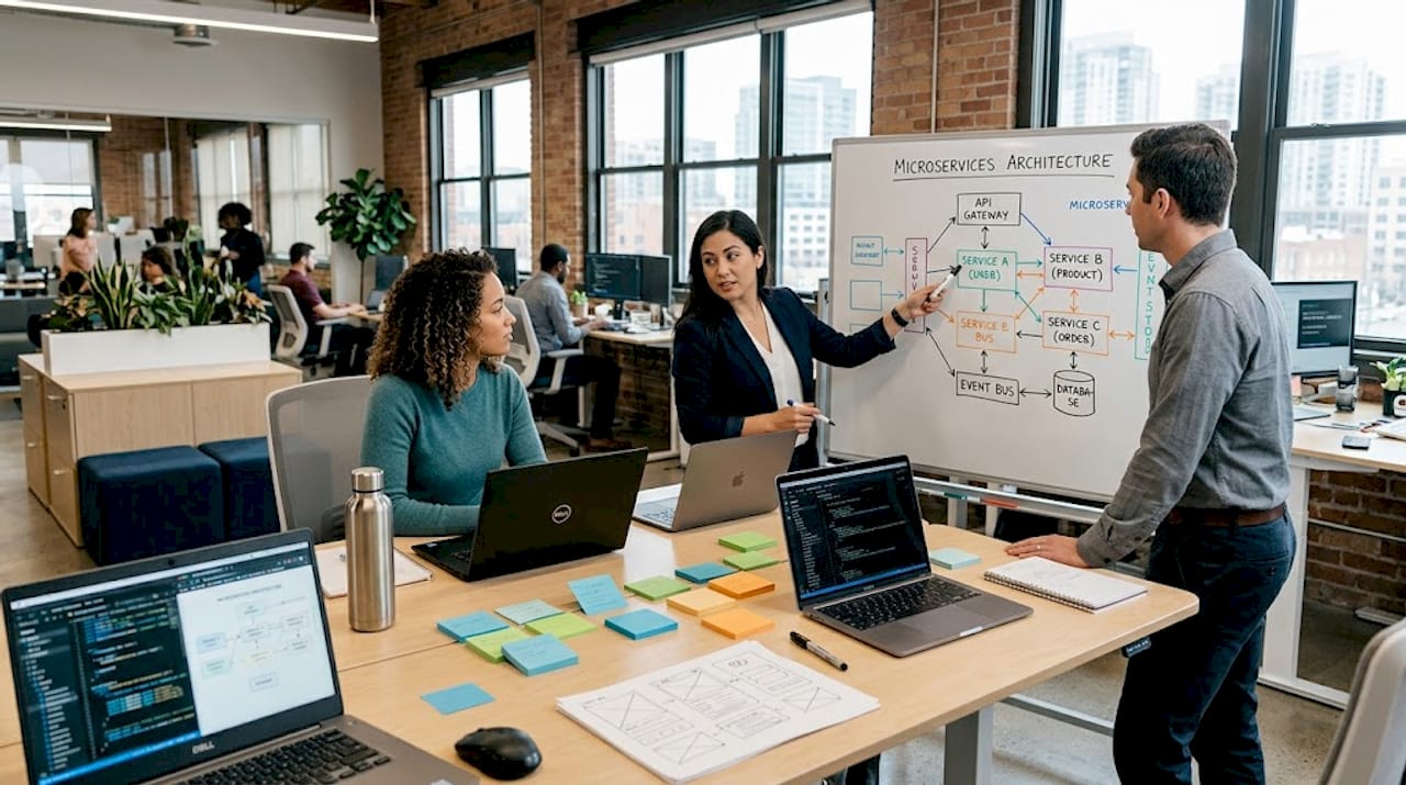 Engineers discussing microservices diagram in office