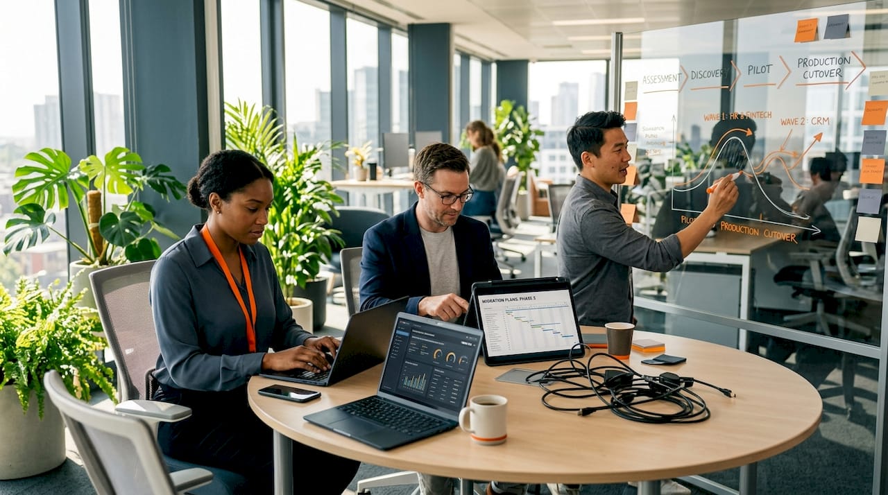 IT team planning cloud migration in modern conference room