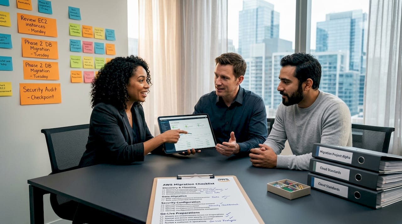 Team reviewing AWS migration checklist in workspace
