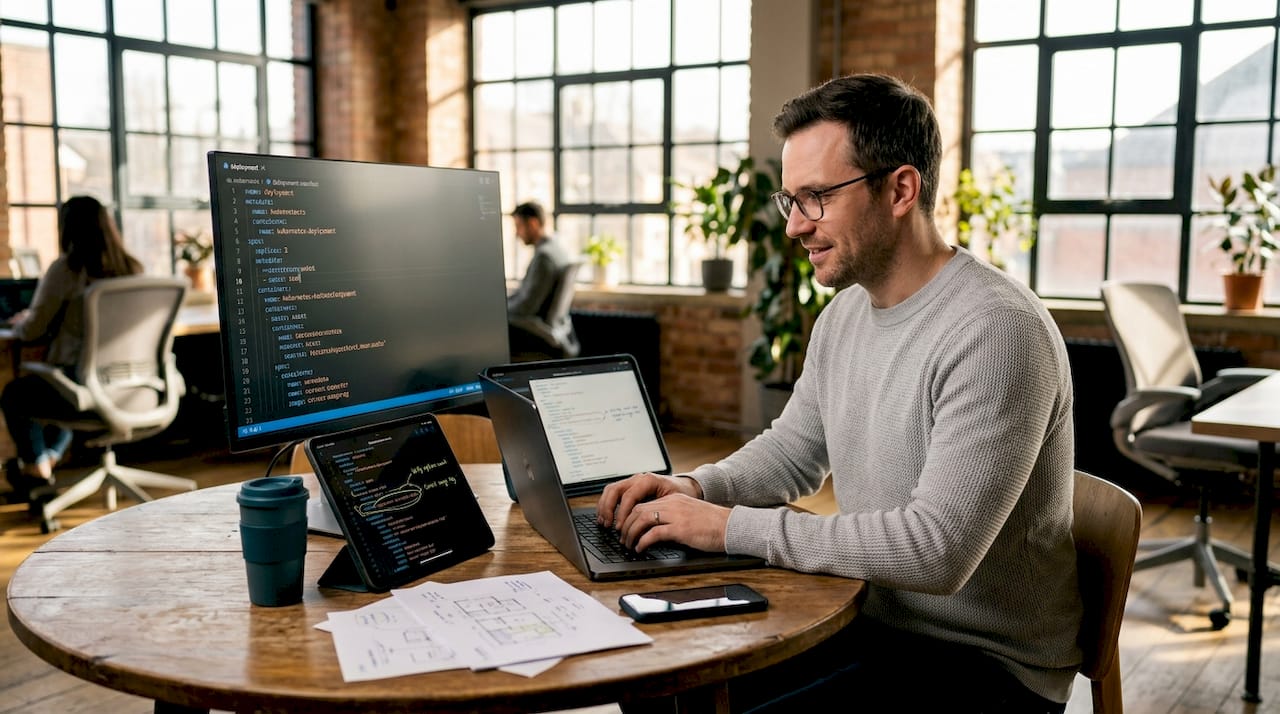 IT leader reviewing Kubernetes deployment manifest at meeting table
