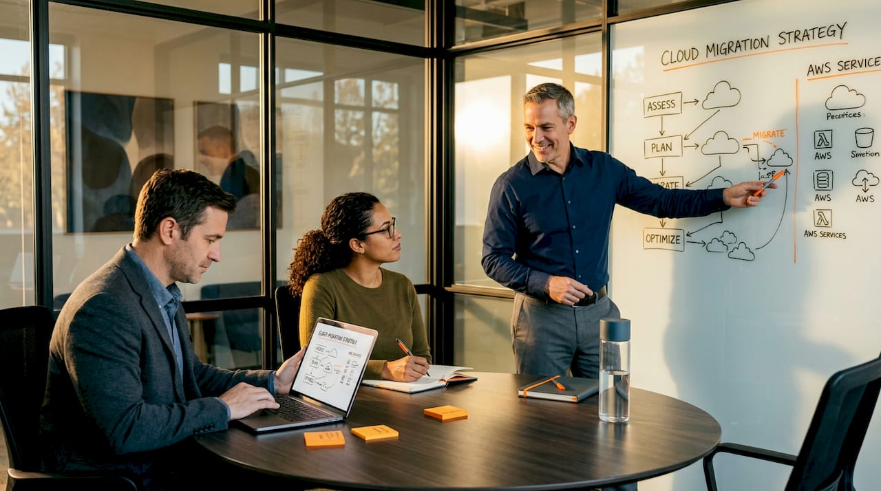 Team discusses AWS migration strategy at conference table