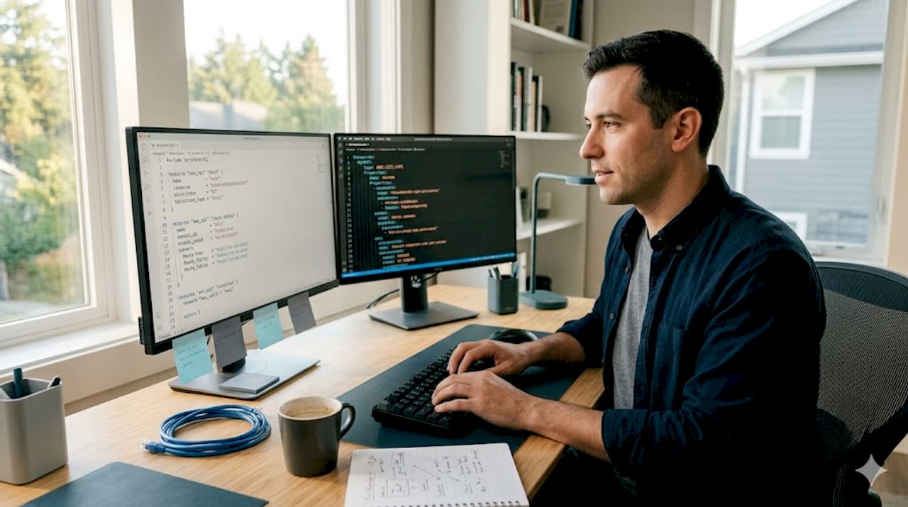 Engineer reviews Terraform and CloudFormation code at desk