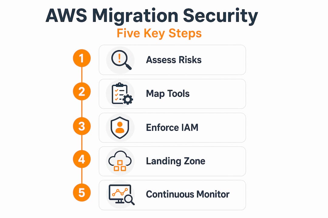 Infographic showing five AWS cloud security migration steps