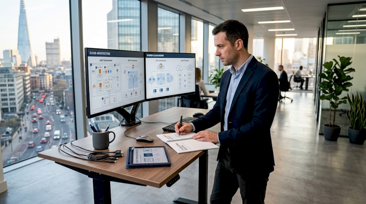 IT leader reviews cloud architecture diagrams in modern office