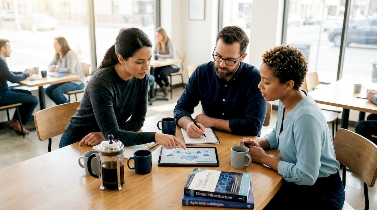 IT engineers reviewing cloud network diagram in office