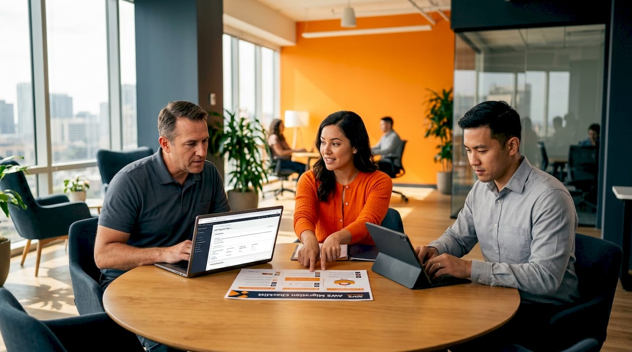 IT professionals planning AWS migration in office